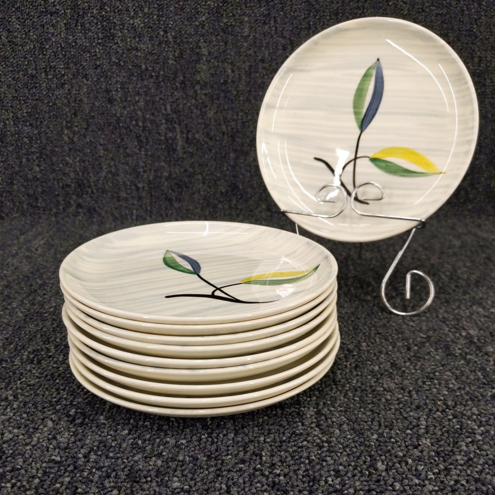 vtg 1950s Stetson Dessert Plates Set of 10 Gray Hand‎ Painted Leaf 6.5" MCM 1954